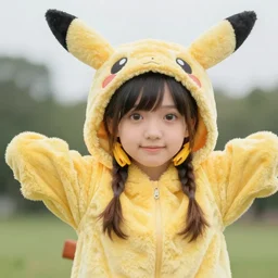 upper half portrait, of a anthropomorphic asian girl wearing a pikatchu costume, far shot, 5 feet away