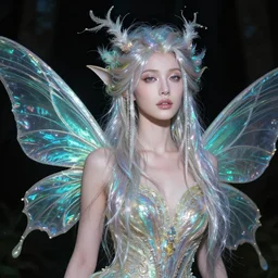 a highly detailed professional portrait of a female fairy, photo by annie liebovitz, beautiful model, dramatic lighting, otherworldly, fantasy art, iridescent colors, fashion photography, intricate design, fae elements, detailed shiny hair, atmospheric,