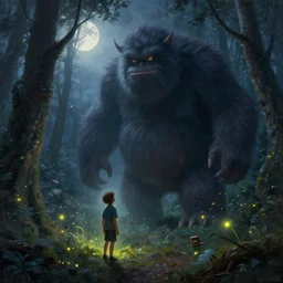 a painting of a small boy that discovers a giant hairy monster!!!!! in a misty moonlit forest, surrounded by fireflies, by peter mohrbacher, cgsociety, cinematic lighting