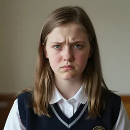 portrait of a thin adolescent white woman with round face wearing a school uniform, 1 6 yo, annoyed look, skin pores, acne, skin condition, straight hair, in the morning, ambient light, sigma 8 5 mm, nikon 5 0 mm f / 1. 8 g, by lee jeffries