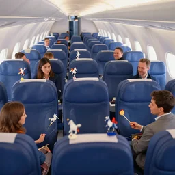 passengers in economy on an airliner playing table tennis across the tops of the seats with dancing ponies