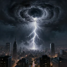 a sinister painting of a black hole thunderstorm over a futuristic cityscape, volumetric light, artstation, high detail, perfect