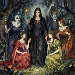 the night of the 5 murderous sorcerers, fantasy. intricate, amazing composition, colorful watercolor, by ruan jia, by maxfield parrish, by marc simonetti, by hikari shimoda, by robert hubert, by zhang kechun, illustration, gloomy