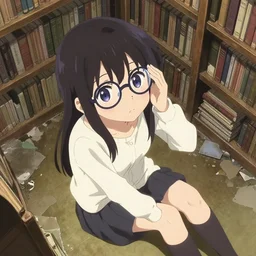 cute japanese vampire girl with glasses, sitting on the ground and looking up, covering half her face with one hand, in a ravaged library, overhead view, detailed digital artwork by Yoji Shinkawa and Takehito Harada and Hiroshi Yoshida