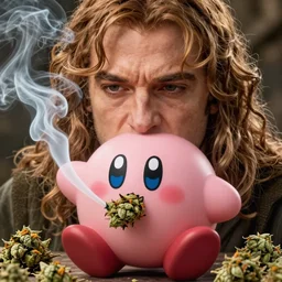 hyper realistic, lord of the rings, close up portrait of a mega derpy kirby, smoking massive amounts of weed, by greg rutkowski, scott m fischer, artgerm, loish, slight glow, atmospheric, anne stokes, alexandros pyromallis