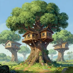 enormous trees, no ground, wookiee treehouse village, painting by ralph mcquarrie