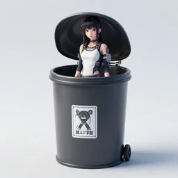 full view, from a distance, of anthropomorphic trashcan who is cyberpunk girl, style of yoshii chie and hikari shimoda and martine johanna, highly detailed