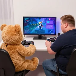 a teddy bear and a fat person ( discord mod ) playing a video games together,