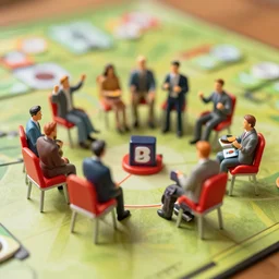 board game with celebrating figures and red chairs macro photo