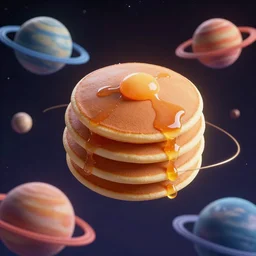 planets made of pancakes volumetric lighting aesthetic colorful