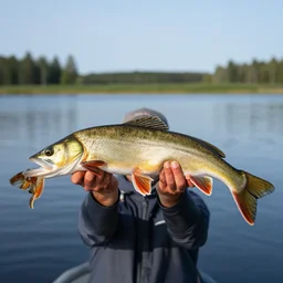 fisher holding up a big fish with two tails. lake in the background. sweden