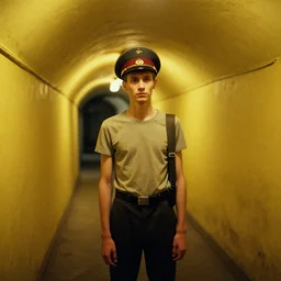 7 0 s movie still of a skinny man with general's cap in a yellow wall soviet tunnel, cinestill 8 0 0 t 3 5 mm eastmancolor, heavy grain, high quality, high detail