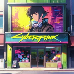 a ( ( cyberpunk ) ) shopfront facade with ( ( advertisements ) ), in a high definition screenshot from the anime anime film, digital painting by ( makoto shinkai ), moebius moebius, surrealism, trending on artstation