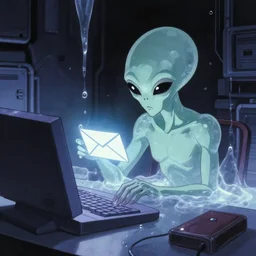 anime alien using a computer to check her email submerged in translucent goo, over the shoulder perspective, in 1 9 8 5, y 2 k cybercore, industrial low - light photography, still from a kiyoshi kurosawa movie