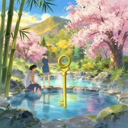 a natural mountain hotspring, colorful anime movie background, key visual, bamboo, cherry blossom tree, golden hour, a fantasy digital painting by makoto shinkai and james gurney, trending on artstation, highly detailed