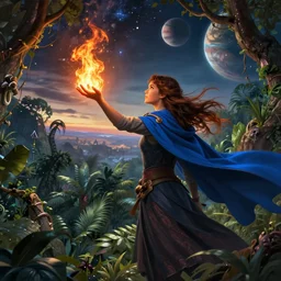 high definition illustration of young mage woman with long blue cape, fire in outstretched hand, flowing brown hair, enjoying the view of a horizon of close planets in the sky, dense jungle, high definition, extremely detailed, hyper realism