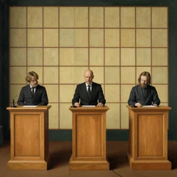 an episode of jeopardy, podiums across from grid on wall, painted by jan van eyck