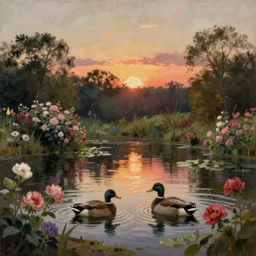 a painting of a duck pond at sunset, surrounded by flower bushes, a detailed matte painting by Robert S. Duncanson, deviantart, hudson river school, terragen, trending on artstation