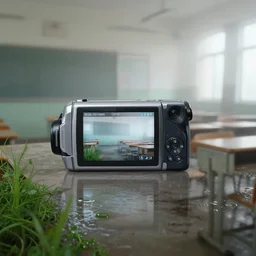 Beautiful cameraphone 2000s, soft liminal Photograph of foggy  abandoned school classroom with water on the floor plants growing