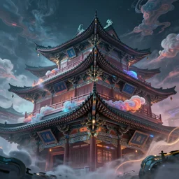 chinese ancient architecture in cyberneon, cornices of ancient buildings in the tang dynasty, art by dangiuz, gorgeous clouds, cyberpunk, fantasy lighting, octane render, ureal engine, japanese animation, mist, hyperdetailed,.