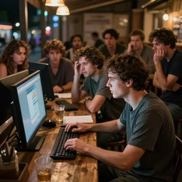 a man playing on a computer, sitting outside at a crowded bar, his friends are frustrated, hyper detailed, uhd, 8 k, digital art, award winning, trending on artstation,