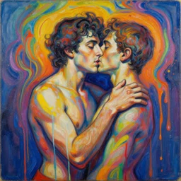 a man being overcome by love, psychedelic dripping colors, detailed painting by painting by man ray and pablo amaringo david normal