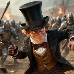 cinematic close up artwork of spiffing gentleman with a top hat fighting in the heat of battle against an army of medieval warriors by greg rutowski, 4 k, fantasy, masterpiece