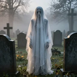 creepy weeping transparent female ghostly apparition at a gravestone, horror, Highgate cemetery, tombs, , blanket of fog, rain, volumetric lighting, beautiful, golden hour, sharp focus, ultra detailed, cgsociety