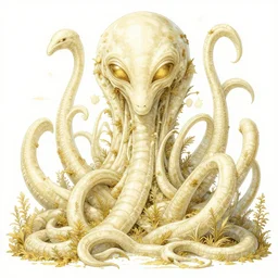 giant ancient alien tentacles artwork by yoshitaka amano, ivory and gold, detailed vegetation background, extremely detailed, octane rendering, sharp focus, volumetric light, particles, unreal engine 5, rtx