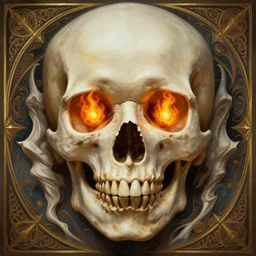 symmetry!! portrait of skull with flaming eyes, high fantasy, intricate, elegant, highly detailed, digital painting, artstation, concept art, smooth, sharp focus, illustration, art by artgerm and greg rutkowski and alphonse mucha, 8 k