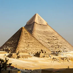 A photo of the great pyramids of Egypt looking down Broadway Ave in the middle of NYC