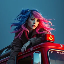 portrait of a blue and pink haired korean woman riding on top of a firetruck by hr giger, greg rutkowski, luis royo and wayne barlowe, 8 k, firetruck