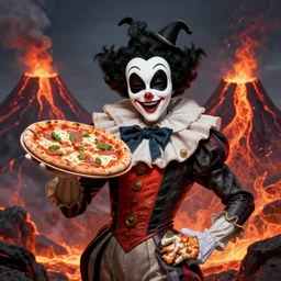 a highly detailed pulcinella with a pizza margherita, black eye mask by arturo faldi, volcano and lava, trending on deviantart, octane, masterpiece, masqua