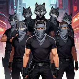 6 member from wolf gangs wear gray bandana, other people use wolf mask. pop art, pixel, bioshock infinite art style, gta chinatown wars art style, dynamic proportional, dynamic composition, face features, body features, ultra realistic art, digital painting, concept art, smooth, sharp focus, illustration, intricate, without duplication, elegant, confident posse.