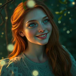 young woman, smiling amazed of firefly lights, full covering intricate detailed dress, amidst nature, long red hair, precise linework, accurate green eyes, small nose with freckles, beautiful oval shape face, empathic, expressive emotions, dramatic lights, hyper realistic ultrafine art by artemisia gentileschi, jessica rossier, boris vallejo