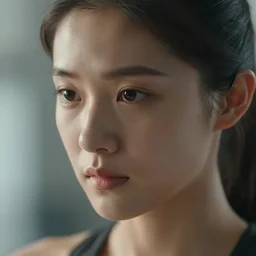 an extreme close-up of the face of a young woman exercising, award winning photo, very detailed, 8k cinematic, beautiful lighting effects