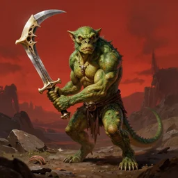matte painting, realistic art, dog - faced muscular goblin, ugly face, lizard tail, holding scimitar made of bone, scimitar, sword, jagged sword, curved sword, orkish sword, colorized, green skin, red sky, wasteland, hyper - detailed, primeval fantasy, prehistoric fantasy, art by jacques - louis david