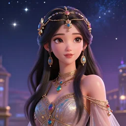 masterpiece portrait charming and miracle female astromancer boho accessories in dreamlike cg animation, kpop, glossy skin, luxry dress, high detailed face, animated, art by artgerm, greg rutkowski, macoto takahashi, big major starry sky and city in background, character select portrait, 3 d, fantasy, no distorsion, medium long shot, 8 k realistic
