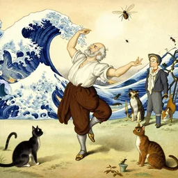 illustration, old man dancing, insects, cats, by william blake, by hokusai, by todd schorr, by mark ryden, by john tenniel