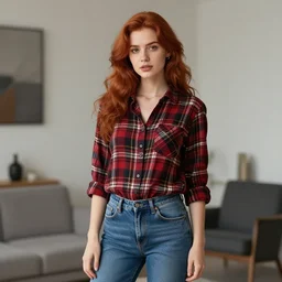 Professional photography of a young redhead woman, tartan shirt, jeans, in a modern room