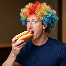 mark zuckerberg wearing a clown wig and eating an hot dog, professional photo