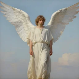 ian bohen as an angel, large wings, long tunic, pale colors, sky background, photorealistic painting by mandy jurgens, trending on artstation, photorealism, detailed painting, behance hd, hyper realism