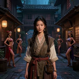 portrait of tavern bard gemma chan infront of tiny, narrow dark streets with exotic dancers, exterior, two stories, vaporwave aesthetics, 8 k uhd, unreal engine, octane render in the artstyle of finnian macmanus, john park and greg rutkowski