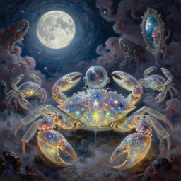 concept art of giant translucent glowing crabs made of stars in space, lovecraftian divers helmet, melting horror, round moon, rich clouds, fighting the horrors of the unknown, mirrors, very detailed, volumetric light, mist, grim, fine art, decaying, textured oil over canvas, epic fantasy art, very colorful, ornate, anato finnstark