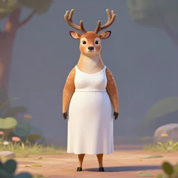 portrait, 3 d render, tall, slightly fat, anthropomorphic female deer, wearing along white dress, in the style of zootopia,