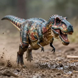 action photography, long shot, award winning macro photo of an ultra detailed muddy t - rex running very fast in mud, fast shutter speed, motion blur, tiny gaussian blur, highly detailed, highly intricate, depth of field, national geographic