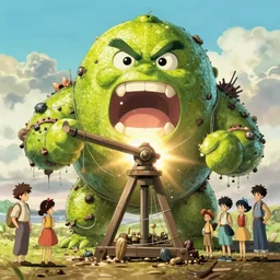 memorable animation key shot, backlit, trebuchet attacking colossal screaming angry lime golem covered in fishing wire, hooks and barnacles, sludge, by ilya repin, by satoshi kon, shinji kimura, ghibli, daylight pastel color palette