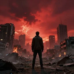 man watching post apocalyptic city with burning red sky