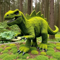mossy recycled tire sculpture of a tyrannosaurus in the forest