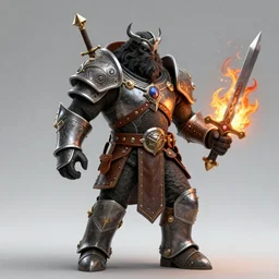 photorealistic bugbear ranger holding sword on fire, magic, black beard, dungeons and dragons, pathfinder, roleplaying game art, hunters gear, jeweled ornate leather and steel armour, concept art, character design on white background, by sargent, norman rockwell, makoto shinkai, kim jung giu, artstation trending, poster art, colours red and green